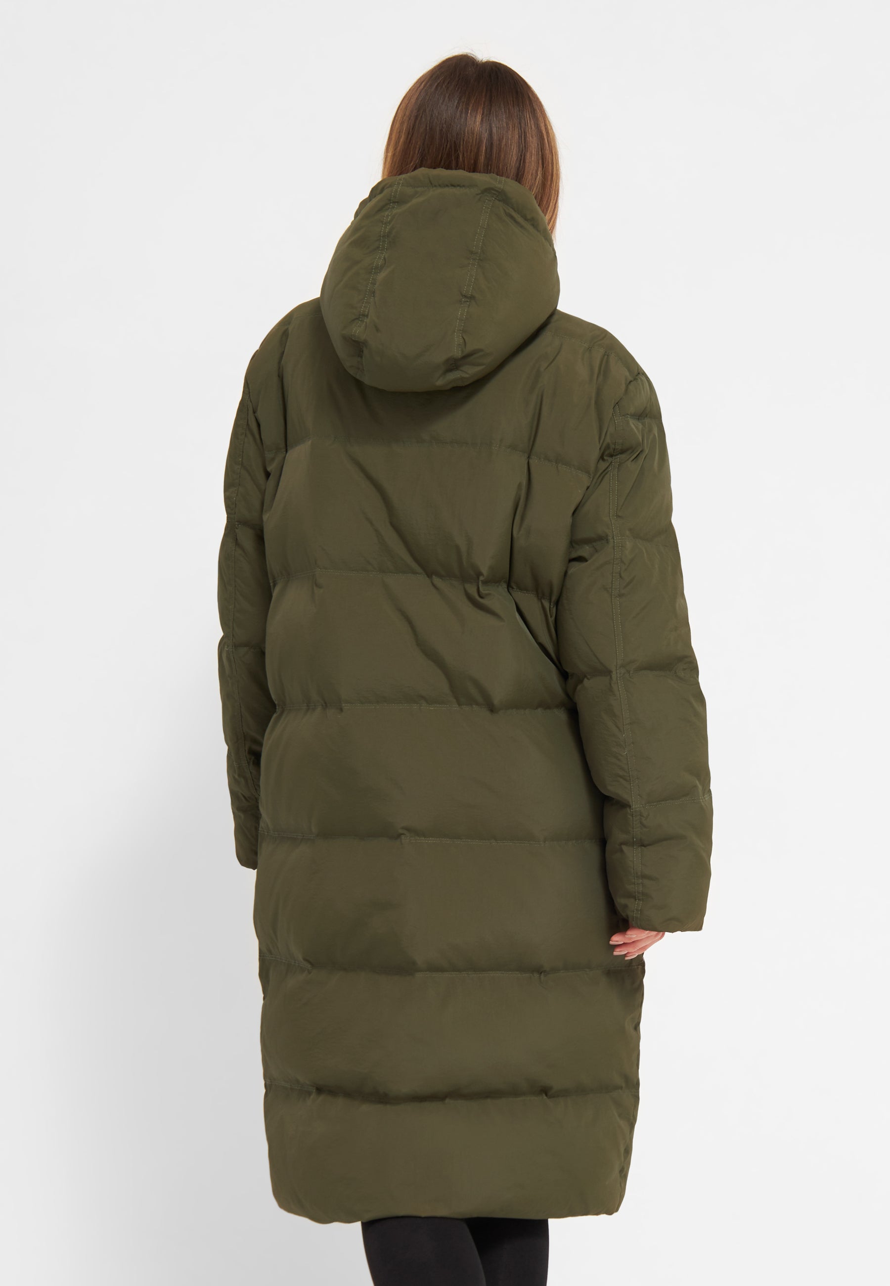 Long Hooded Puffer Jacket Olive Orange