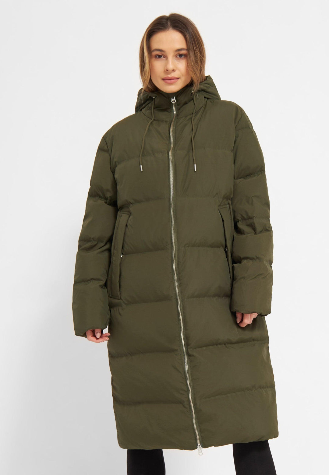 Pieces longline padded coat with hood in olive green